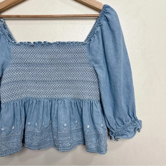 American Eagle Womens  Small Smocked Square Neck Babydoll Chambray Top - Picture 7 of 14